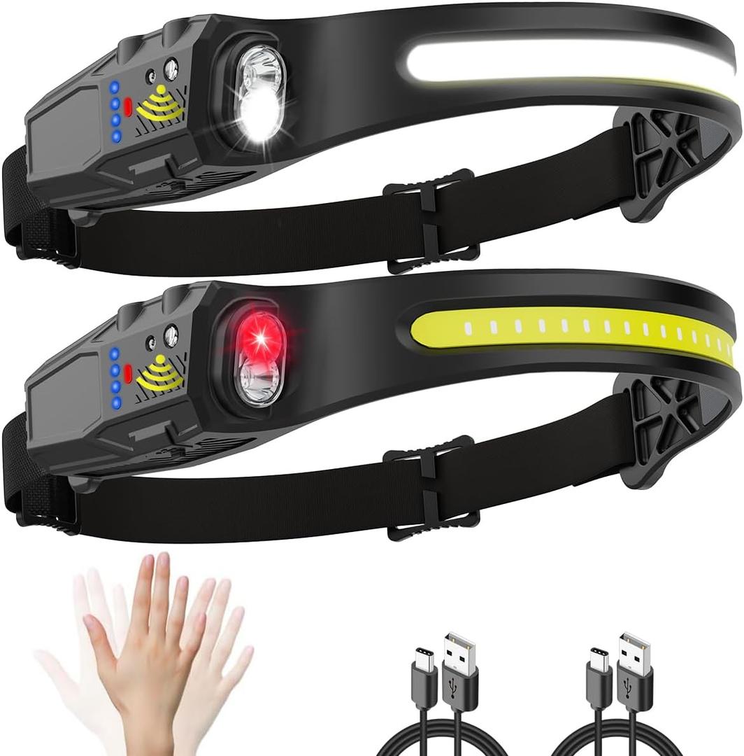 Headlamp Rechargeable 2Pack, 230 Wide Beam Head Lamp, LED Headlamp with Motion Sensor, 7Mode Head Lights for Forehead, Bright Headlamps for Adults, Red Light Headlight, Hard Hat Light, Camping Gear