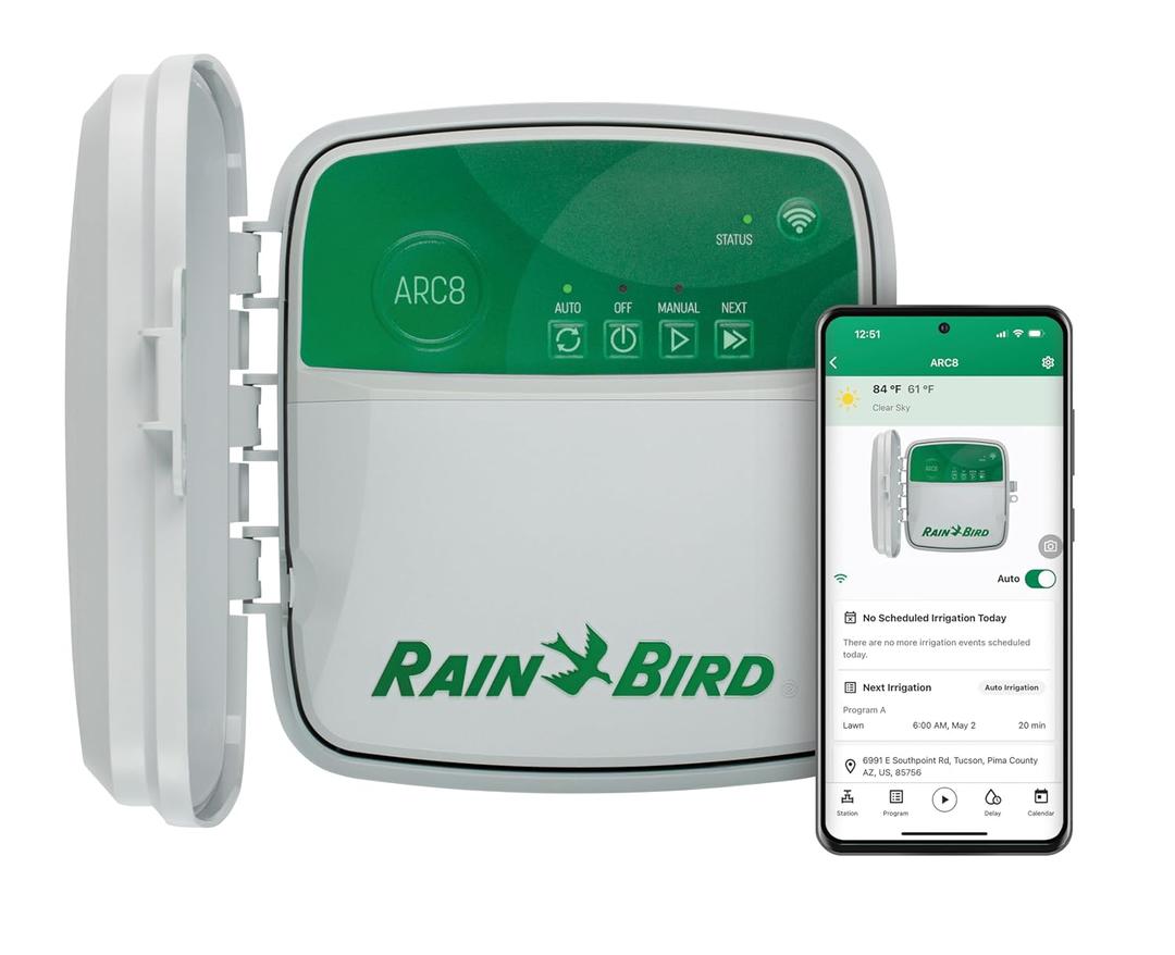 Rain Bird ARC8 App-Based Indoor/Outdoor Smart WiFi Irrigation Sprinkler Timer/Controller, 8-Zone/Station, EPA WaterSense Certified, Compatible with Alexa, Indoor/Outdoor 8-Station