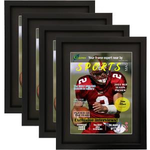 Goldfinch 4 Packs Sports Magazine Frame Displays Magazines Measuring 8.5 x 11.25 or 8.25 x 11 inches with Double Black Core Matting, Deep Frame Moulding, with Installed Hangers