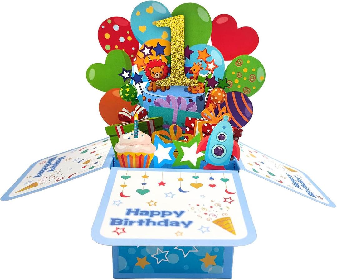 ZOOYOO Happy 1st Birthday Card,3D Pop Up First Birthday Greeting Card for Baby Boy,Son,Grandson,Nephew with 1 Envelop,1 Message Card(Blue)