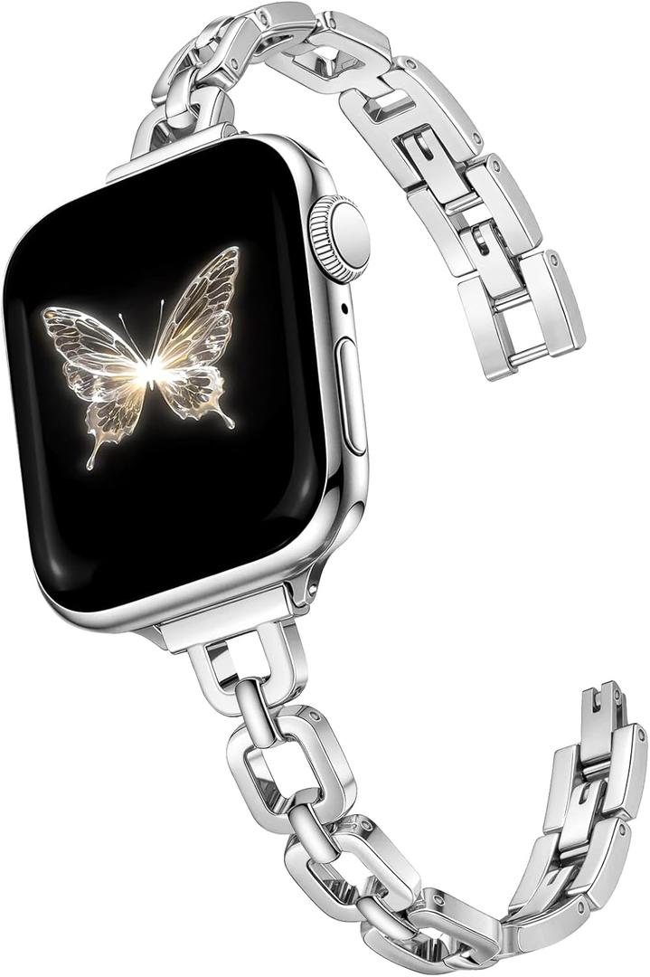 Newlibery Silver Slim Metal Band Women Compatible with Apple Watch 42mm(S3/2/1) 44/45/46/49mm Paperclip Link Chain Bracelet Adjustable Dressy Fancy Strap for iWatch Series 11 10 9 8 7 6 5 4 SE 3 2 1