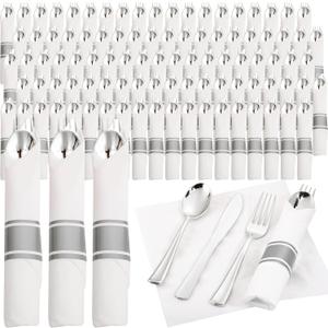 Supernal 120pack Silver Plastic Silverware,Rolled Plastic Silverware,Pre Rolled Napkins with Cutlery Set,Wrapped Disposable Cutlery Set with Napkin Perfect for Valentine's Day, Mother's Day and Easter