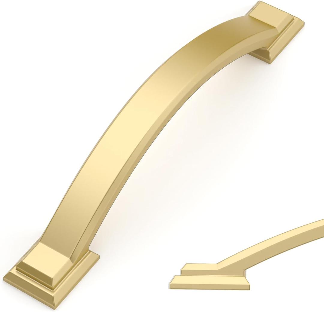 Amerdeco 10 Pack Brushed Gold Cabinet Pulls 4 Inch(102mm) Hole Centers, Handles for Kitchen Cabinet Hardware, Arch Cabinet Handles for Bathroom Dresser Drawer Handles ZH0016