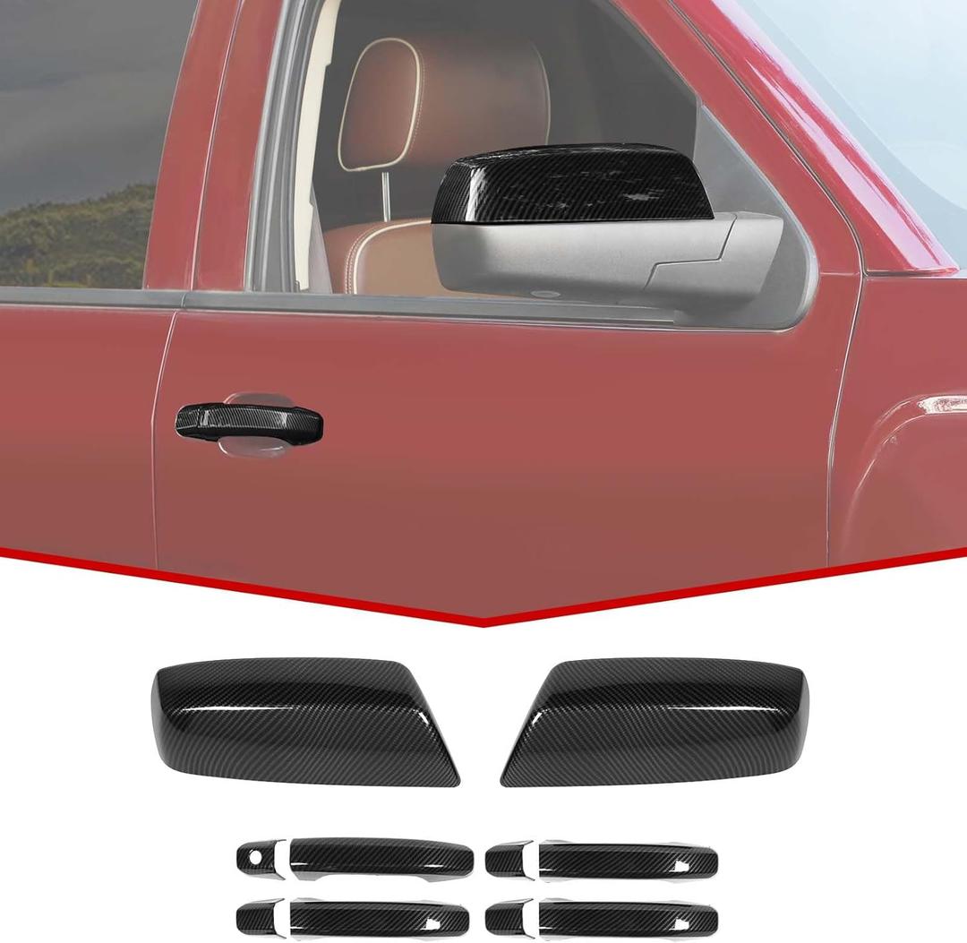 JeCar Rearview Side Mirror Covers Door Handle Trim Covers Exterior Accessories Compatible with Chevy Silverado & GMC Sierra 2014-2018, Carbon Fiber Finish