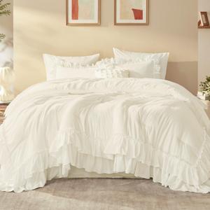 Litanika Queen Comforter Set, 7 Pcs Ivory Ruffle Bed in a Bag