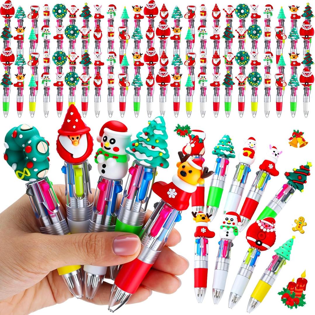 AmazingSpark 96 Pcs Christmas Mini Multicolor Pens 4-in-1 Fun Christmas Pens Gifts Bulk Holiday Ballpoint Pen Xmas Retractable Cute Cartoon Santa Snowman Writing Ink Pen for Office Supplies Present