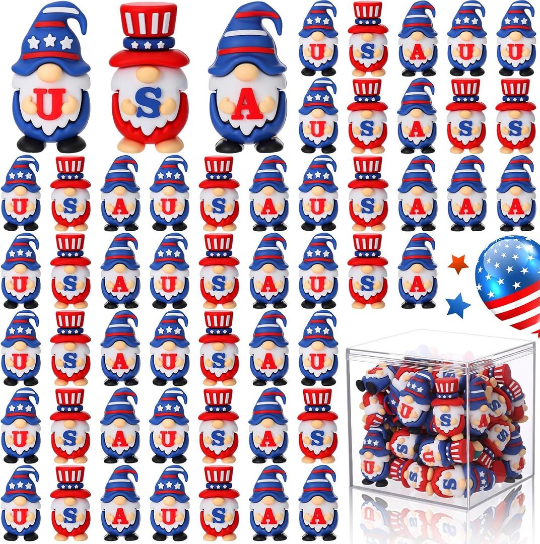 50 Pcs 4th of July Mini Gnomes Set with Acrylic Display Box, 1.4 Inch Tiny Patriotic Gnome Figures, Red White Blue USA Flag Mini Ornaments for Independence Day Party Favors & Table Decor