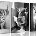 3pcs Funny Highland Cow Bathroom Canvas Wall Art Black and White Cute Cow Animal Painting Picture Wall Decor Rustic Farmhouse Cow in Toilet Poster Print Artwork for Bathroom Restroom Home Decoration