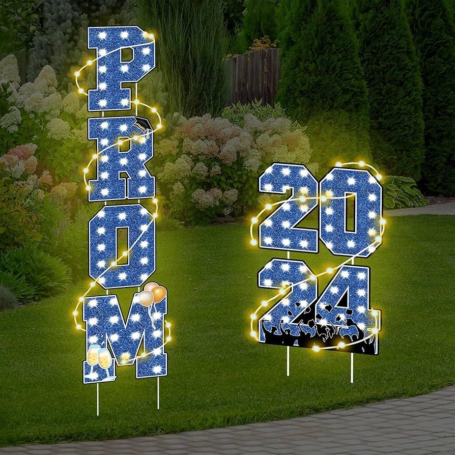 Amyhill 6 Pcs Prom 2025 Yard Signs Party Outdoor Lawn Decorations with Light String Prom Graduation Yard Signs Party Outdoor Grad Decorations Waterproof Lawn Graduation (Blue)