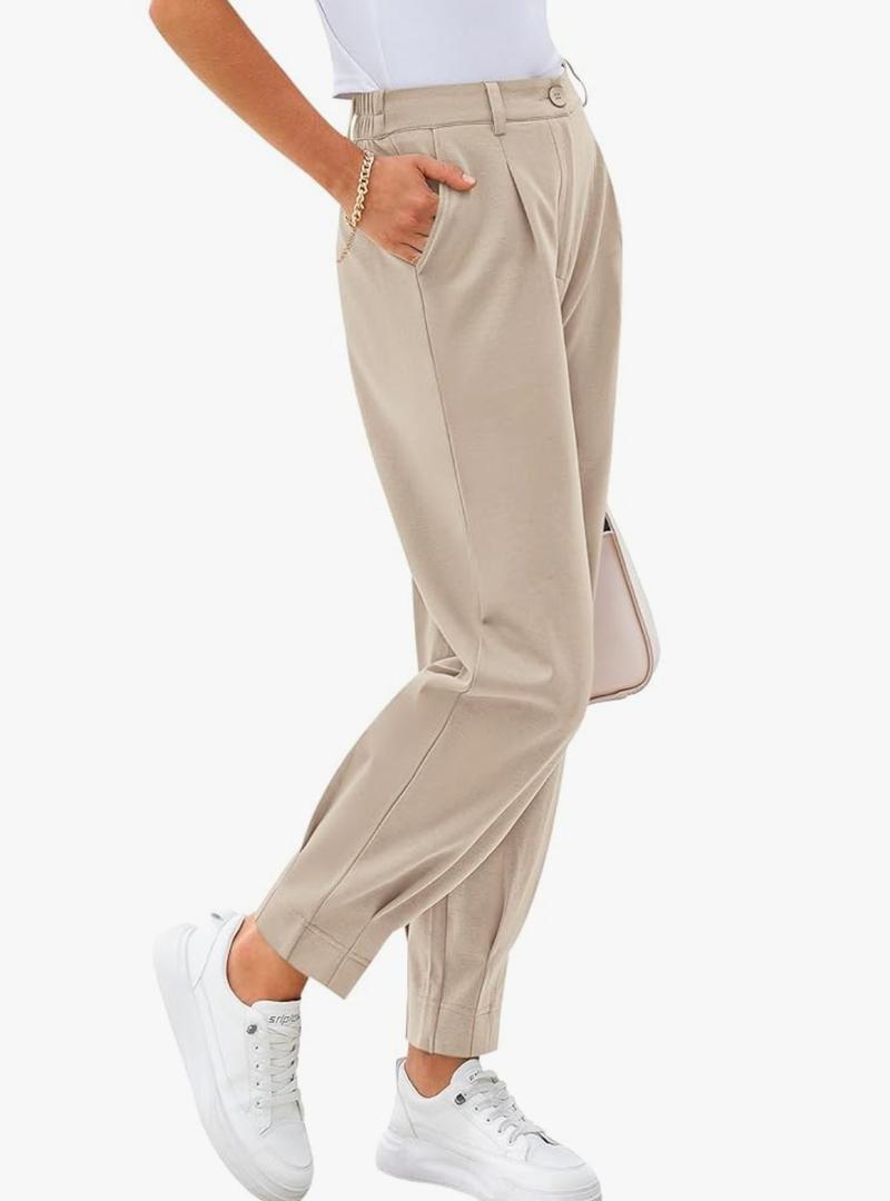 CFLONGE Women's Summer High Waisted Pants for Women 2025 Casual Ankle Length Pant for Work Office Trouser Slacks with Pockets, Medium