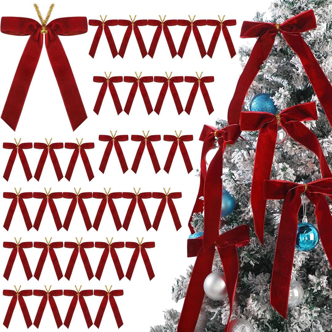 Riceshoot 30 Pcs Velvet Christmas Bow Decoration, 11 x 6.3 Inch Large Bows for Christmas Tree Gift, Xmas Ribbon Garland Ornaments for Wreath Garland Gift Wrapping Crafts Wedding Party(Burgundy)