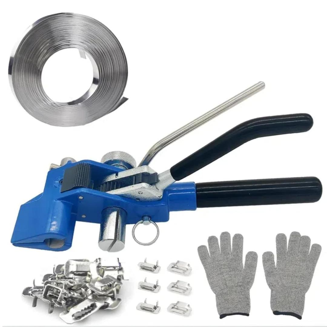 Banding Strapping Kit with Strapping Tensioner Tool, 100 ft Length 304 Stainless Steel Banding,100pcs Steel Buckles, Pair of Cut-Resistant Gloves, Complete Packaging Strapping Solution