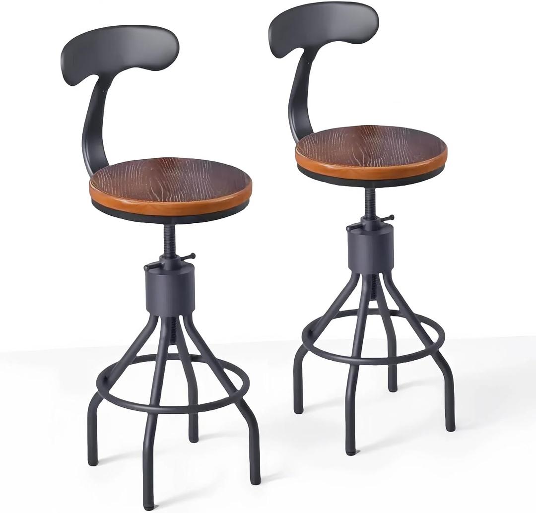 Set of 2 Industrial Bar Stools with Backrest 23-33inch Swivel Wooden Seat Kitchen Island Dining Chair Counter Stool Height Adjustable (Black)