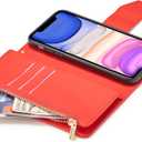 EYZUTAK Case for iPhone 11 6.1 inch, Glossy PU Leather 9 Card Slots Magnetic Closure Detachable Wrist Strap Zipper Wallet Shockproof Removable Back Cover Case - Red