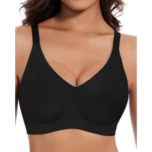 Womens Seamless Bras No Underwire Push Up V Neck Wireless Bralettes with Soft Support Full Coverage Floral Bra (XX-Large, Black)