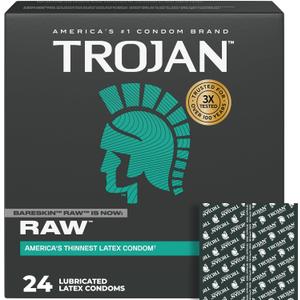 TROJAN BareSkin Raw Ultra Thin Condoms, Lubricated Thin Condoms for Men, America's #1 Condom Brand, 24 Count Pack
