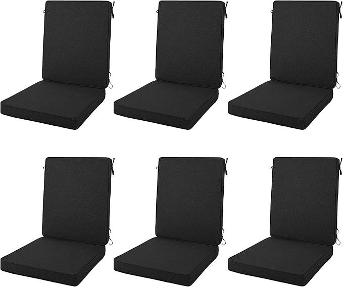 Outdoor Chair Cushions 20x20, Water-Resistant & Fade-Resistant, Patio Furniture Lawn Dining Chair Seat Replacement with High Back, Ties Zipper, Removable Cover, Set of 6, Black
