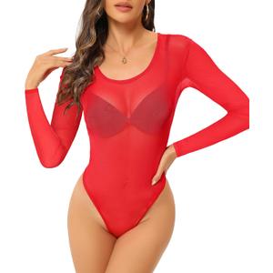 Womens Mesh Bodysuit Long Sleeve Top Crew Neck Sheer T Shirt Body Suit Leotard Blouse (Small)