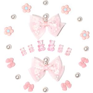 24Pcs Fabric Bow Shoe Charms, Cute Bears, Flower Pearl Charms Accessories for Clogs, DIY Shoe Decoration Charms for Girls, Party Favor (Pink)