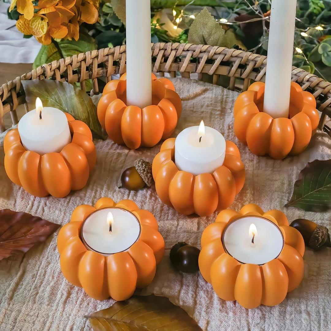 Kate Aspen 2-in-1 Pumpkin Candle Holder Set - Orange Fall Taper, Tealight & Votive Candle Holders - Pumpkin Table Centerpiece, Fall Candle Decor, Halloween Candlestick Holder (Set of 6)