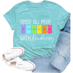 Easter Shirts for Women Happy Easter Teacher T-Shirt Funny Bunny Rabbit Short Sleeve (XX-Large, Cyan)