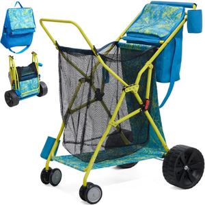 Beach Cart with Big Wheels for Sand, Collapsible All-Terrain Beach Wagon with Cooler Bag & Umbrella Holder, Large Mesh Storage, Supports 100lbs for Camping, Outdoor, Shopping, Palm Print