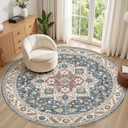 8ft Round Vintage Living Room Area Rug  8x8 Large Soft Washable Oriental Traditional Distressed Farmhouse Rugs for Bedroom  Indoor Floor Accent Carpet for Home Office House Decor  Vintage Blue