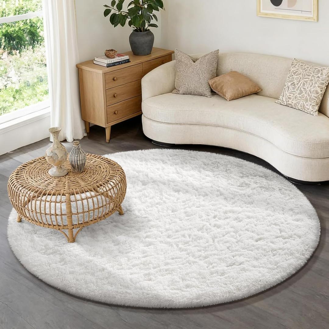 Ophanie White Round Rug 6Ft Circle Area Rug, Aesthetic Room Decor, Fluffy Fuzzy Bedroom Carpet, Plush Soft Shaggy Living Room Rugs for Kids Home Decor, Nursery