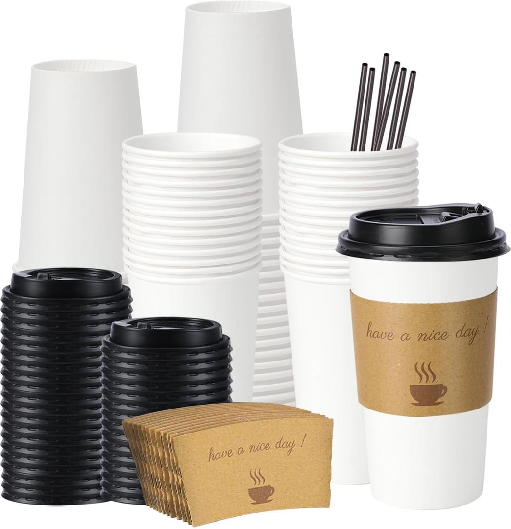 BYSNOW 50 Pack 20 oz Disposable Paper Coffee Cups, Paper To Go Cups with Lids, Sleeve and Straw, Hot Paper Cups for Home, Office and Party (White 20oz)
