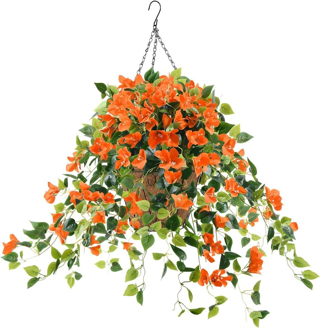 INQCMY Artificial Hanging Flowers with Basket for Spring Outdoors Decoration,Fake Silk Morning Glory Vines in Planter UV Resistant Realistic for Home Garden Balcony Porch Decor(Orange)