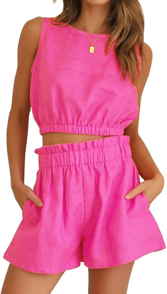FANCYINN Women Summer 2 Piece Outfits Casual Crop Top Tank Sleeveless and Elastic Waist Pants Short Sets With Pocket, Medium
