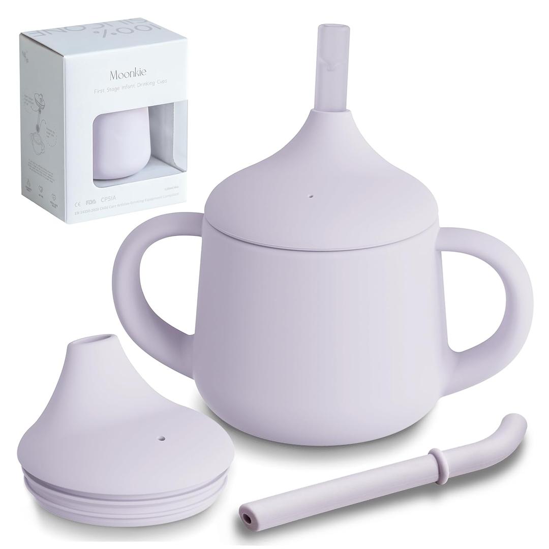 Moonkie Silicone Baby Sippy Cups | 3 Stages Training Cup Straw Cup for Infants Toddlers and Kid | 4 oz 1Pack (Mauve)
