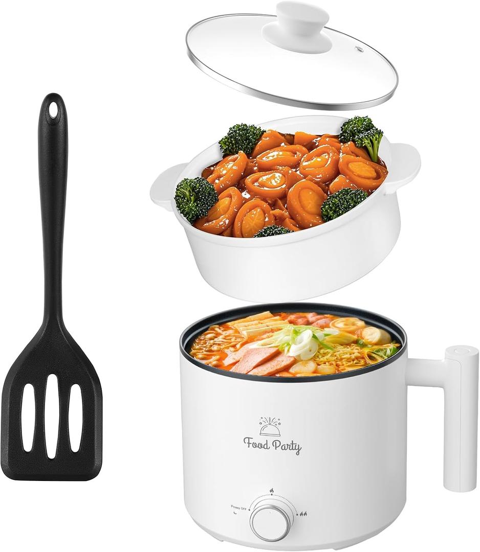 Food Party Hot Pot Electric Pot for Cooking Ramen Cooker 1.8L College Dorm Room Essentials Mini Hotpot Shabu Shabu Pot 110V Noodle Cooker Non Stick (With Steamer)