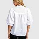 Esmeling Women Lace Embroidered Eyelet Top Mock Neck Puff Ruffle Sleeve Shirt Hollow Out Button Down Blouse (White, L)