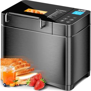 KBS Premium Convection Bread Maker Dual Heater, 17-in-1 Stainless Steel Bread Machine Ceramic Pan, Nut Dispenser,Touch Panel,2lb Loaf 3 Sizes 3 Crust Colors,Gluten-Free,Sourdough,Jam,Yogurt,53 Recipes