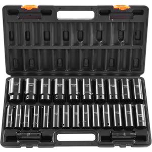 VEVOR Impact Socket Set 1/2 Inches 26 Piece Deep Sockets, 6-Point, Rugged Construction, Cr-V, 1/2 Inches Drive Socket Set Impact Metric 10mm - 36mm, with a Storage Cage