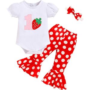 GRNSHTS Baby Girl Birthday Clothes First One Letter Short Sleeve Romper+Flared Pants+Headband 3Pcs Cake Smash Outfits (12-18 Months)
