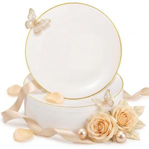 Nervure 100Pcs Ivory and Gold Plastic Plates - 10.25inch Disposable Ivory Dinner Plates - Heavy Duty Plastic Plate Ideal for Wedding & Party & Mothers Day