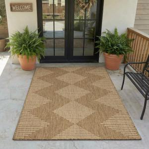 MontVoo-3x5 Outdoor Rug Porch Entryway Rug-Polypropylene Indoor Outdoor Rugs for Entryway Kitchen Balcony Patio, Textured Weave, Durable, Fade-Resistant, Non-Shedding, Boho Geometric Neutral Brown