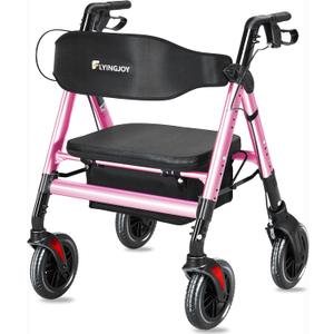 Foldable Rollator Walkers for Seniors with Seat, 450Lbs All-Terrain Walker,22" Extra-Wide Ergonomic Breathable Seat,Heavy-Duty Rolling Walker with Adjustable Brake,Backrest,Height 33"-41.5" (Pink)
