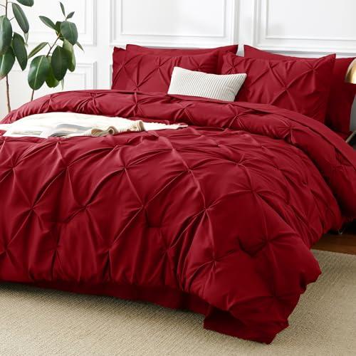 CozyLux King Size Comforter Set Dark Red, 7 Pieces Pintuck Bed in A Bag Red Comforter King Size, Pinch Pleat Bedding Set with All Season Comforter, Sheets, Pillowcases & Shams