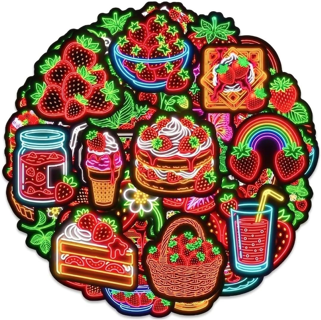 100 Pcs Strawberry Neon Waterproof Vinyl Stickers for Water Bottle, Strawberry Party Favors for Kids