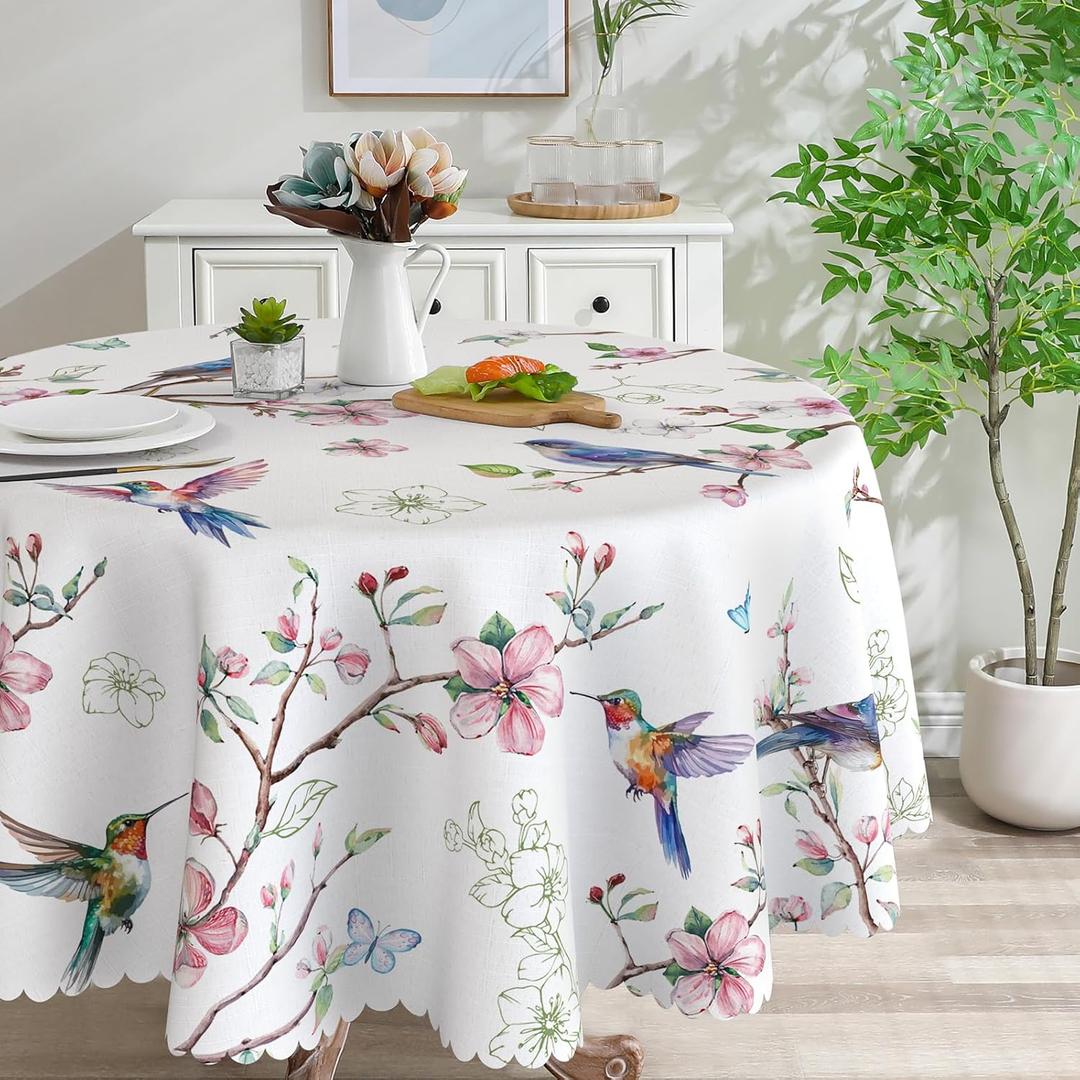 Spring Round Tablecloth 70 inches - Spring Decorations for Home - Water Resistant Washable Bird Foral Table Cloth, Spring Decor for Home, Kitchen, Party