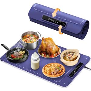 Food Warmer Electric Warming Tray Full Surface Silicone Heating Mat Food Warmer Foldable Hot Plates 4 Temperature Levels for Buffets Party Keep Warm Heating Tray Gatherings Gifts (Navy Blue)