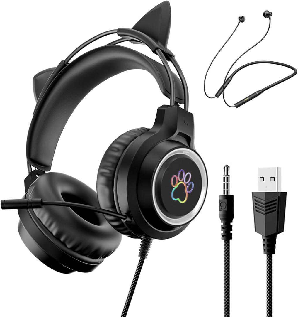 Wired Over-Ear Headphones for PS5 with Microphone + Wireless Neckband Sports Earbuds, Gaming Headset for PC/Nintendo Switch/Mobile, Great Audio Gift for Teenagers Gamers, Black Cat Ears