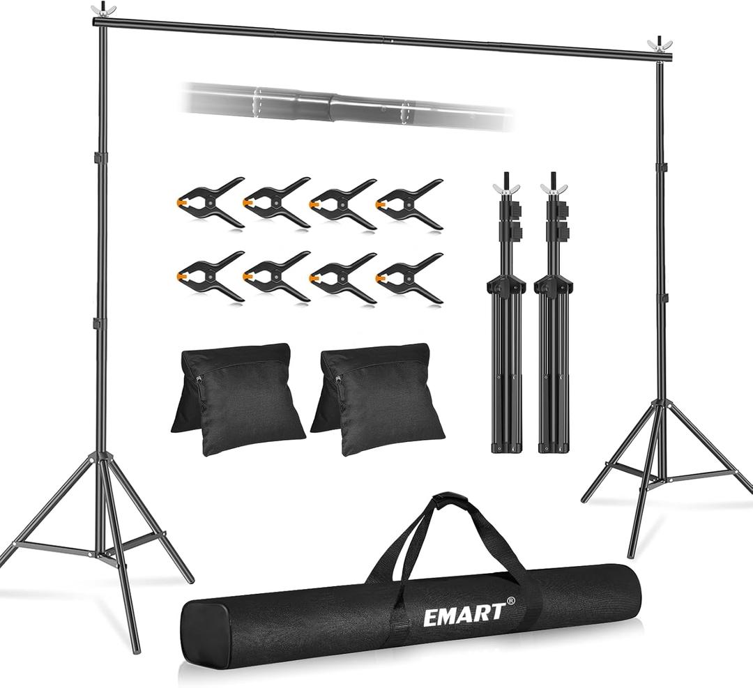 EMART Backdrop Stand 10x8.5ft(WxH) Photo Studio Adjustable Background Stand Support Kit with 2 Crossbars, 8 Backdrop Clamps, 2 Sandbags and Carrying Bag for Parties Events Decoration (Black)