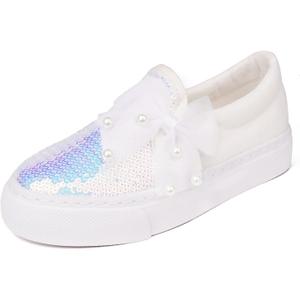 Toandon Toddler Kids Girls Sparkle Slip On Walking Shoes Age 2-10 (13 Little Kid, Bowknot White)