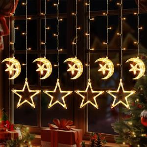 Quntis Battery Operated Window Christmas Lights, 125 LED Star Moon Curtain String Lights with Timer, 8 Modes Twinkle Xmas Decoration Light Indoor Hanging Backdrop for Bedroom Wall, Home, Warm White