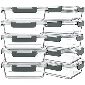 KOMUEE 10 Packs 30 oz Glass Meal Prep Containers,Glass Food Storage Containers with Lids,Airtight Lunch Bento Boxes,Microwave,Freezer and Dishwasher,Gray