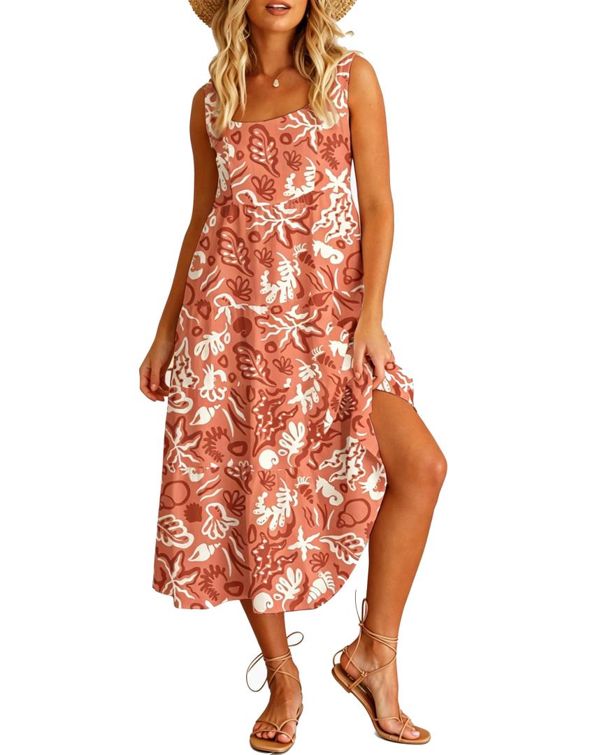 Women's Sleeveless Tiered Midi Dress Boho Beach Vibes Print Square Neck Flowy Casual Summer Dress (US, Alpha, Medium, Regular, Regular, Sea) (Orange, M)